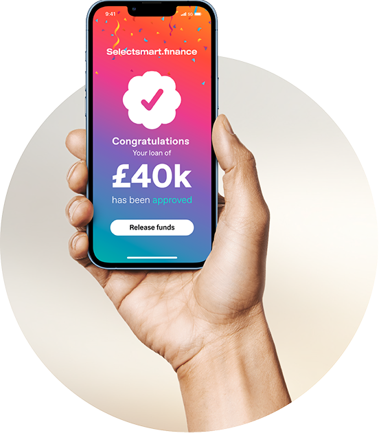 Hand holding phone showing £40k loan approval